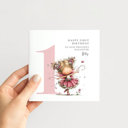 Personalised 1st Birthday Card for Girl, Fairy Birthday Daughter Card, Blonde Baby Girl Age 1 Card, Custom Name First Birthday Keepsake