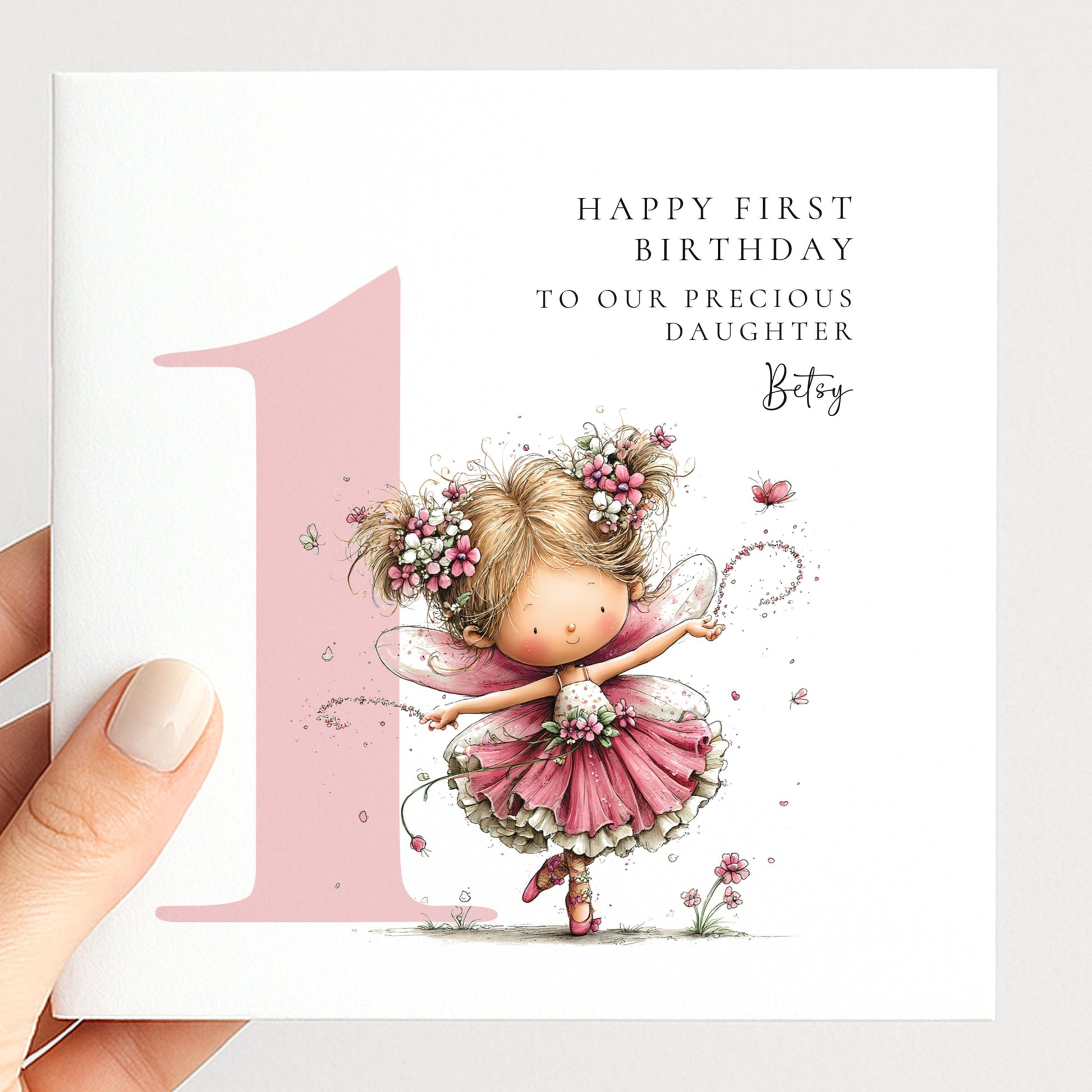 Personalised 1st Birthday Card for Girl, Fairy Birthday Daughter Card, Blonde Baby Girl Age 1 Card, Custom Name First Birthday Keepsake
