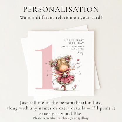 Personalised 1st Birthday Card for Girl, Fairy Birthday Daughter Card, Blonde Baby Girl Age 1 Card, Custom Name First Birthday Keepsake