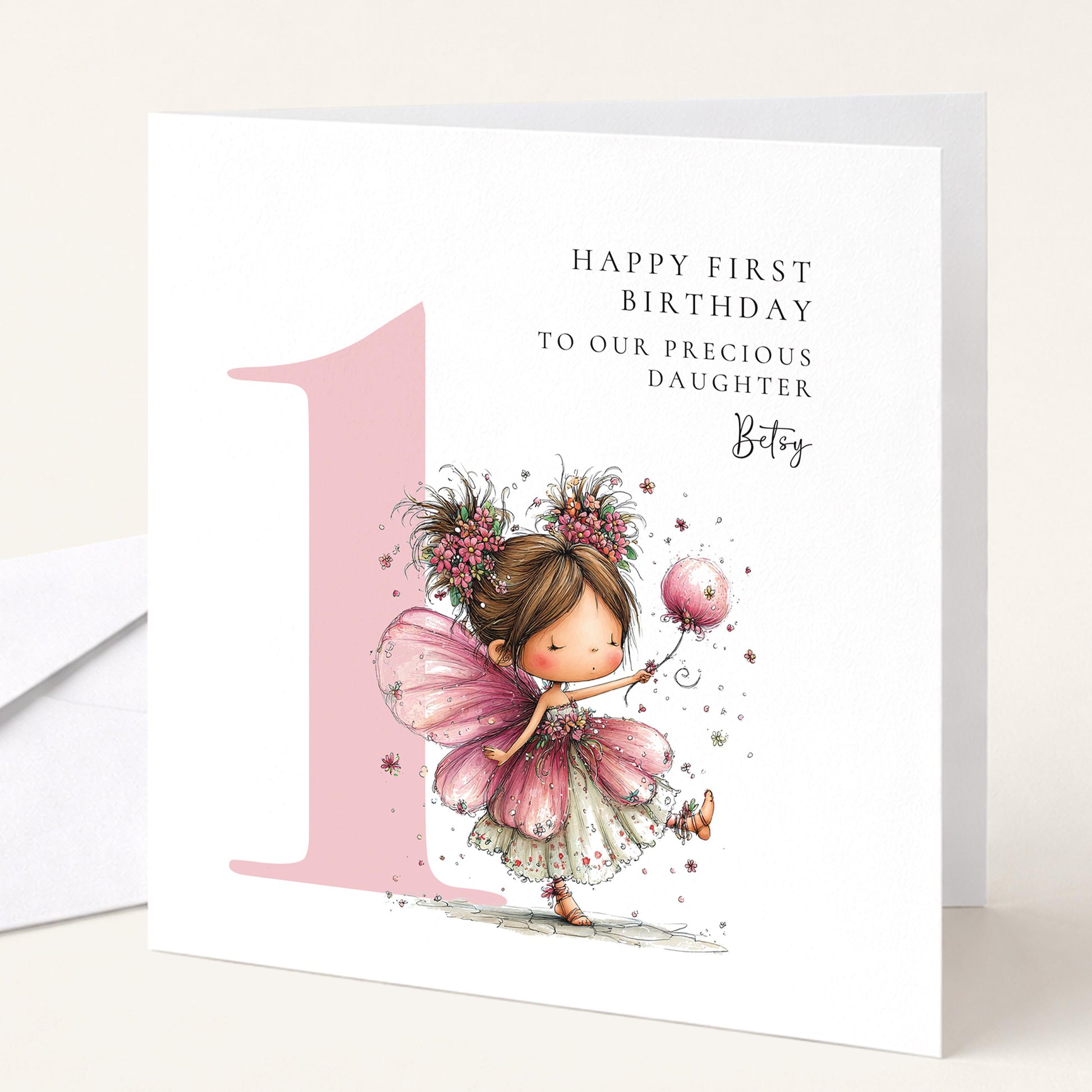 Personalised 1st Birthday Card for Girl, Fairy Birthday Daughter Card, Brunette Baby Girl Age 1 Card, Custom Name First Birthday Keepsake