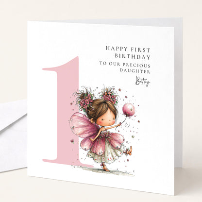 Personalised 1st Birthday Card for Girl, Fairy Birthday Daughter Card, Brunette Baby Girl Age 1 Card, Custom Name First Birthday Keepsake