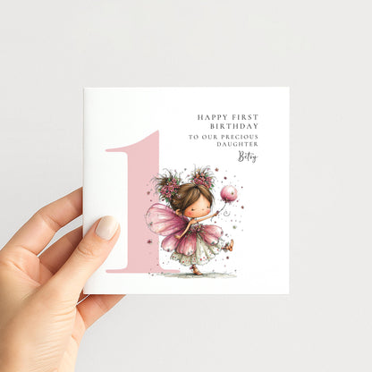 Personalised 1st Birthday Card for Girl, Fairy Birthday Daughter Card, Brunette Baby Girl Age 1 Card, Custom Name First Birthday Keepsake