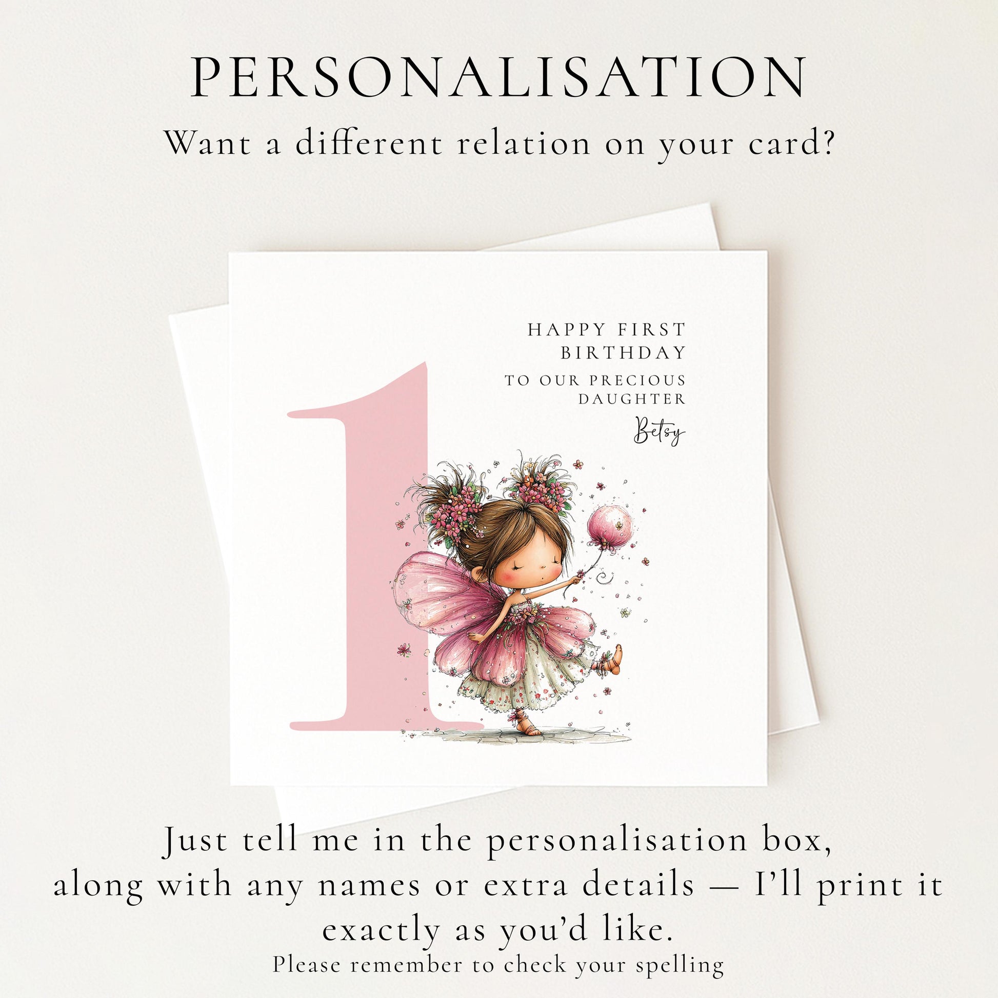 Personalised 1st Birthday Card for Girl, Fairy Birthday Daughter Card, Brunette Baby Girl Age 1 Card, Custom Name First Birthday Keepsake