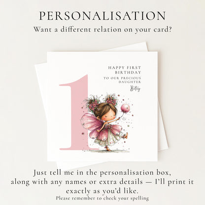Personalised 1st Birthday Card for Girl, Fairy Birthday Daughter Card, Brunette Baby Girl Age 1 Card, Custom Name First Birthday Keepsake