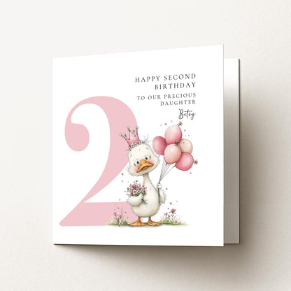 Personalised 2nd Birthday Card for Girl, Second Birthday Daughter Card, Baby Girl Age 2 Card, Custom Name Birthday Keepsake