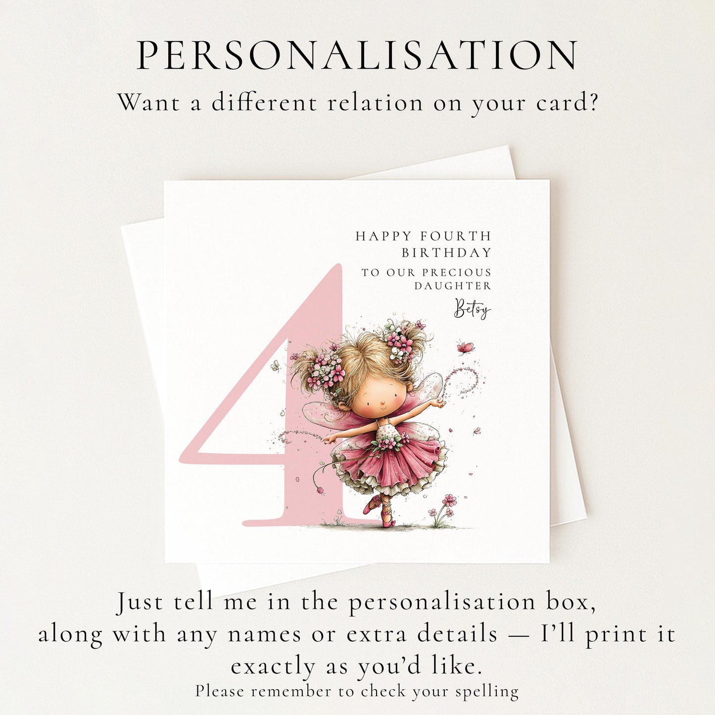 Personalised 4th Birthday Card for Girl, Fairy Birthday Daughter Card, Blonde Baby Girl Age 4 Card, Custom Name First Birthday Keepsake