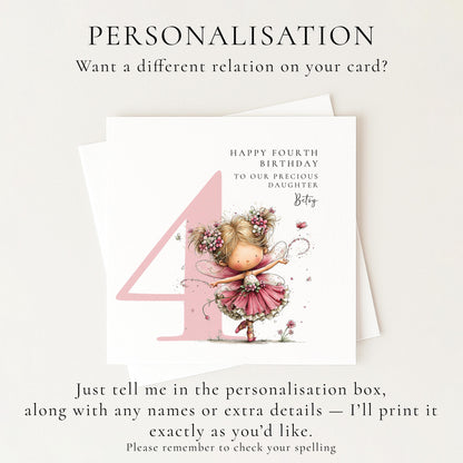Personalised 4th Birthday Card for Girl, Fairy Birthday Daughter Card, Blonde Baby Girl Age 4 Card, Custom Name First Birthday Keepsake