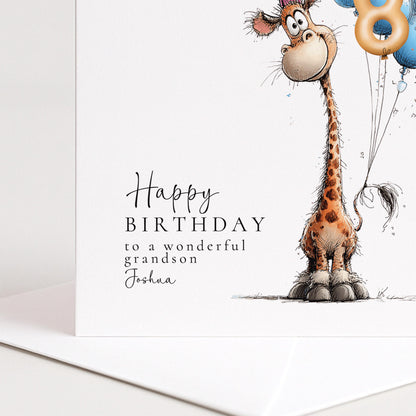 Personalised Birthday Card Any Age, Cute Giraffe Birthday Card, Custom Age Birthday Card for Grandson, Animal Birthday Card
