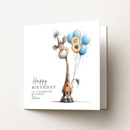 Personalised Birthday Card Any Age, Cute Giraffe Birthday Card, Custom Age Birthday Card for Grandson, Animal Birthday Card