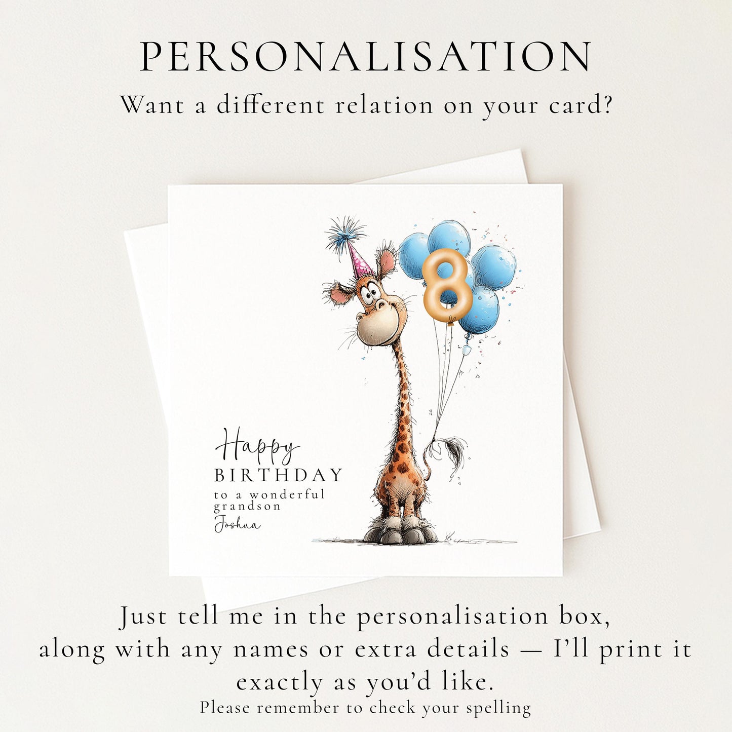 Personalised Birthday Card Any Age, Cute Giraffe Birthday Card, Custom Age Birthday Card for Grandson, Animal Birthday Card