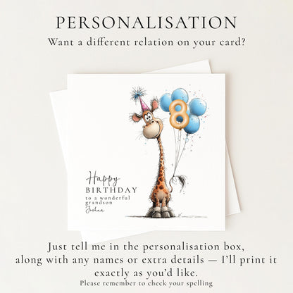 Personalised Birthday Card Any Age, Cute Giraffe Birthday Card, Custom Age Birthday Card for Grandson, Animal Birthday Card