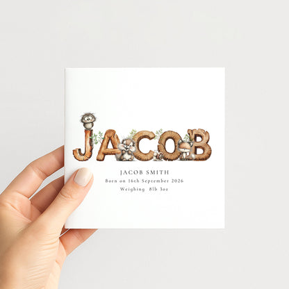 Personalised Woodland Birth Card, New Baby Card with Name for Him, Baby Keepsake Card, Woodland Animals Nursery Card