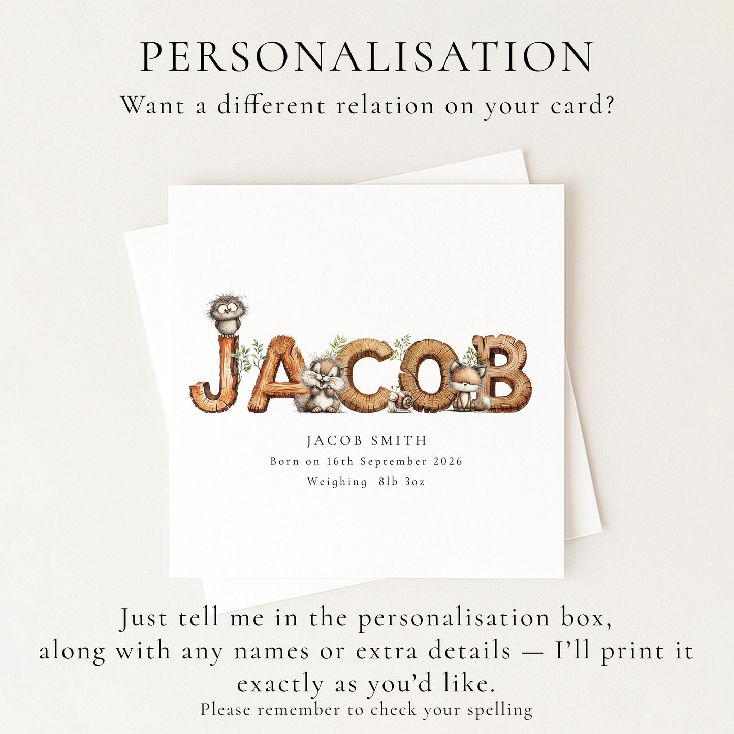 Personalised Woodland Birth Card, New Baby Card with Name for Him, Baby Keepsake Card, Woodland Animals Nursery Card