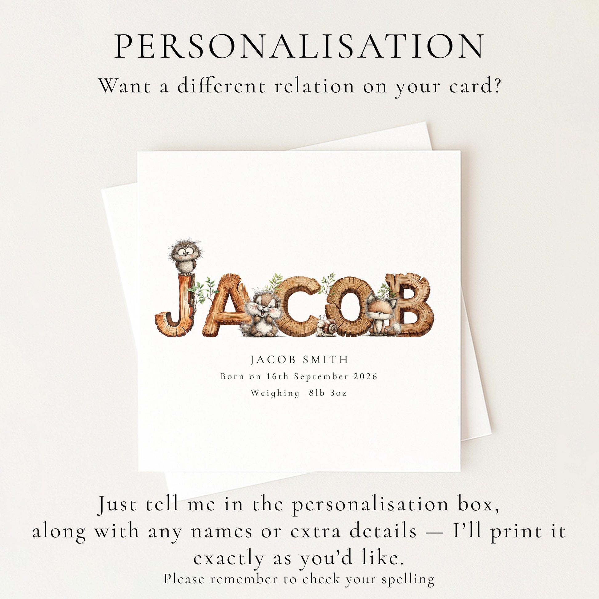 Personalised Woodland Birth Card, New Baby Card with Name for Him, Baby Keepsake Card, Woodland Animals Nursery Card