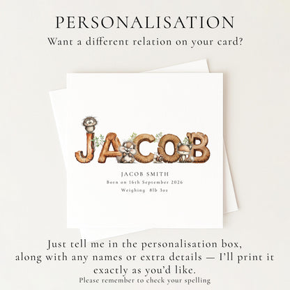 Personalised Woodland Birth Card, New Baby Card with Name for Him, Baby Keepsake Card, Woodland Animals Nursery Card