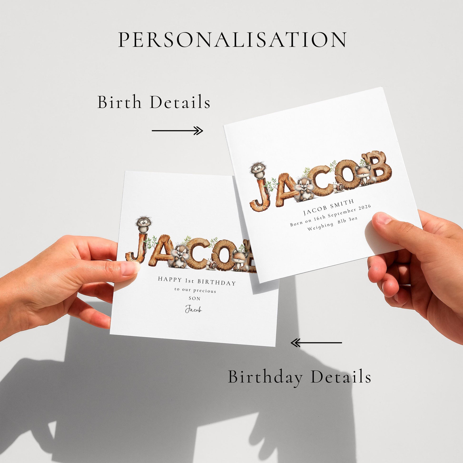 Personalised Woodland Birth Card, New Baby Card with Name for Him, Baby Keepsake Card, Woodland Animals Nursery Card