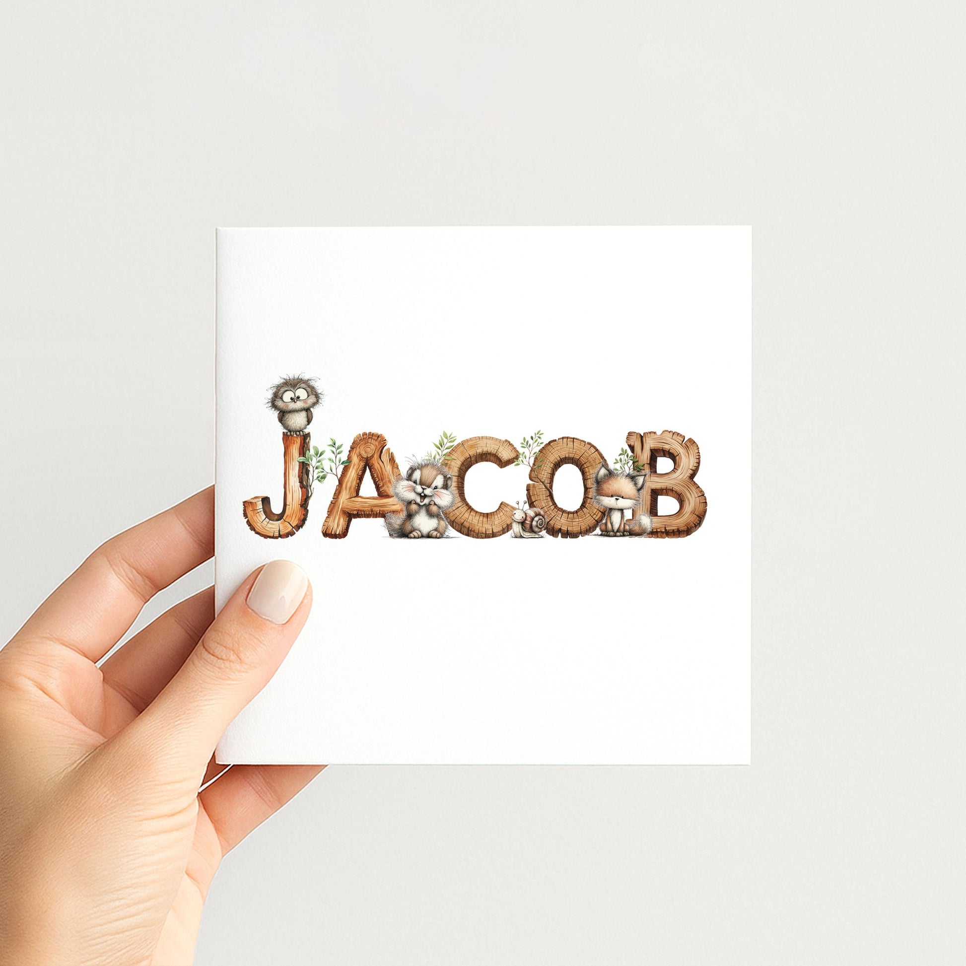 Personalised Woodland Birth Card, New Baby Card with Name for Him, Baby Keepsake Card, Woodland Animals Nursery Card