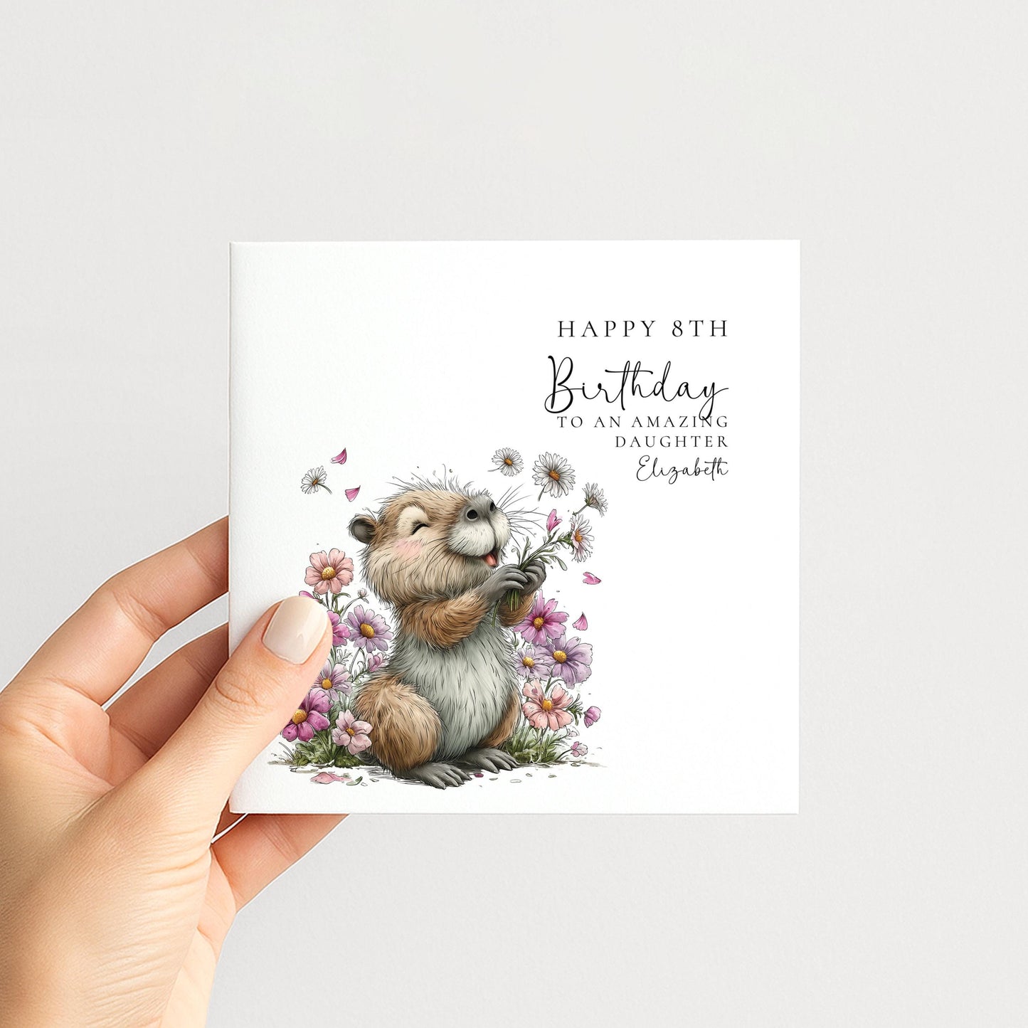 8th Birthday Card for Daughter, Personalised Girls Birthday Card, Cute Capybara Flower Card, Age 8 Birthday Card for Girl