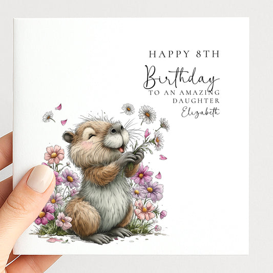 8th Birthday Card for Daughter, Personalised Girls Birthday Card, Cute Capybara Flower Card, Age 8 Birthday Card for Girl