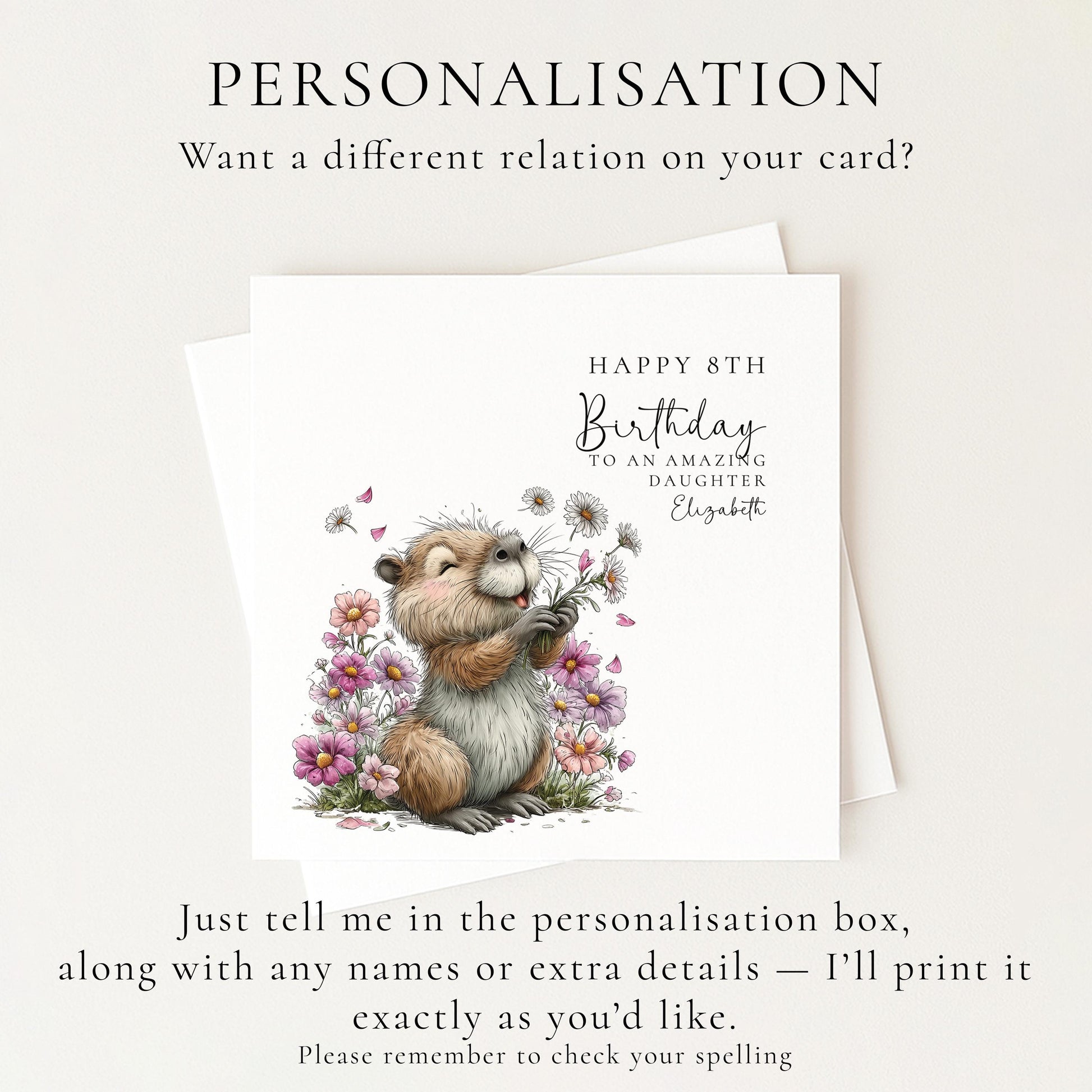 8th Birthday Card for Daughter, Personalised Girls Birthday Card, Cute Capybara Flower Card, Age 8 Birthday Card for Girl