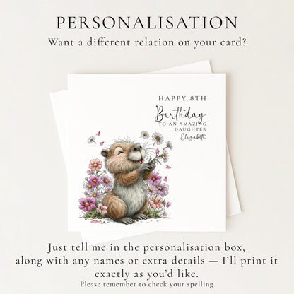 8th Birthday Card for Daughter, Personalised Girls Birthday Card, Cute Capybara Flower Card, Age 8 Birthday Card for Girl