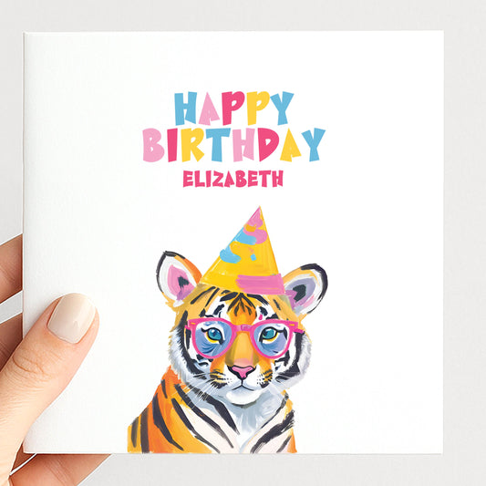 Personalised Tiger Birthday Card, Cute Animal Happy Birthday Card for Kids, Colourful Jungle Party Card for Child