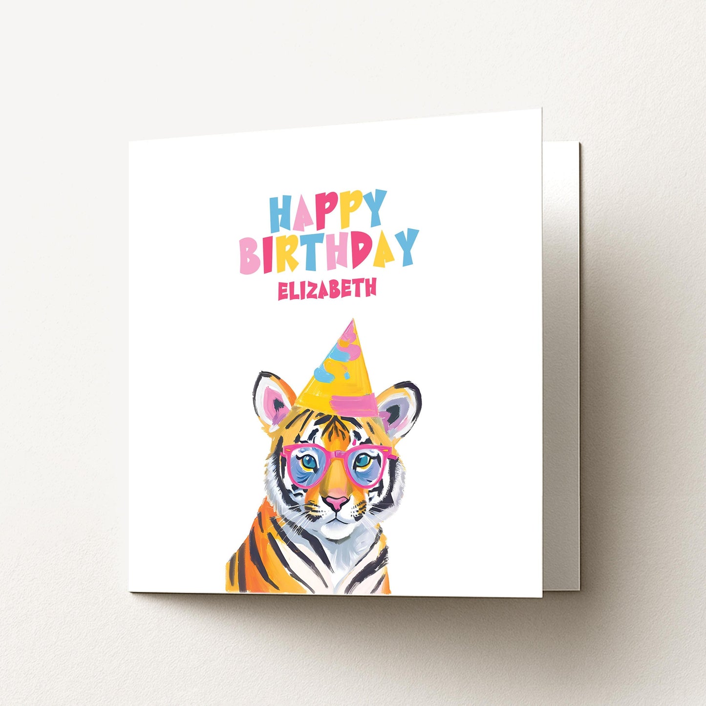 Personalised Tiger Birthday Card, Cute Animal Happy Birthday Card for Kids, Colourful Jungle Party Card for Child