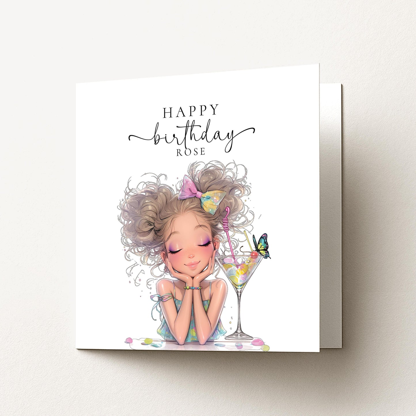 Personalised Birthday Card for Her, Cute Birthday Girl Card, Pretty Cocktail Birthday Card