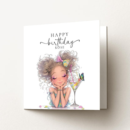 Personalised Birthday Card for Her, Cute Birthday Girl Card, Pretty Cocktail Birthday Card