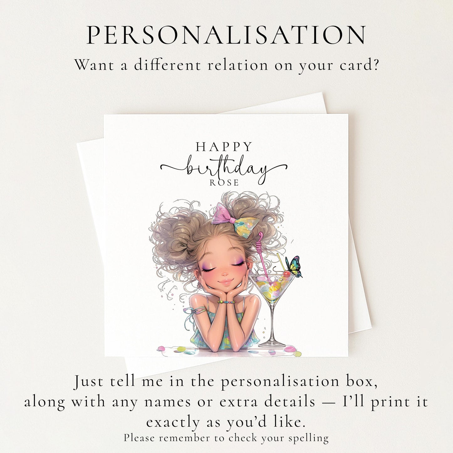 Personalised Birthday Card for Her, Cute Birthday Girl Card, Pretty Cocktail Birthday Card