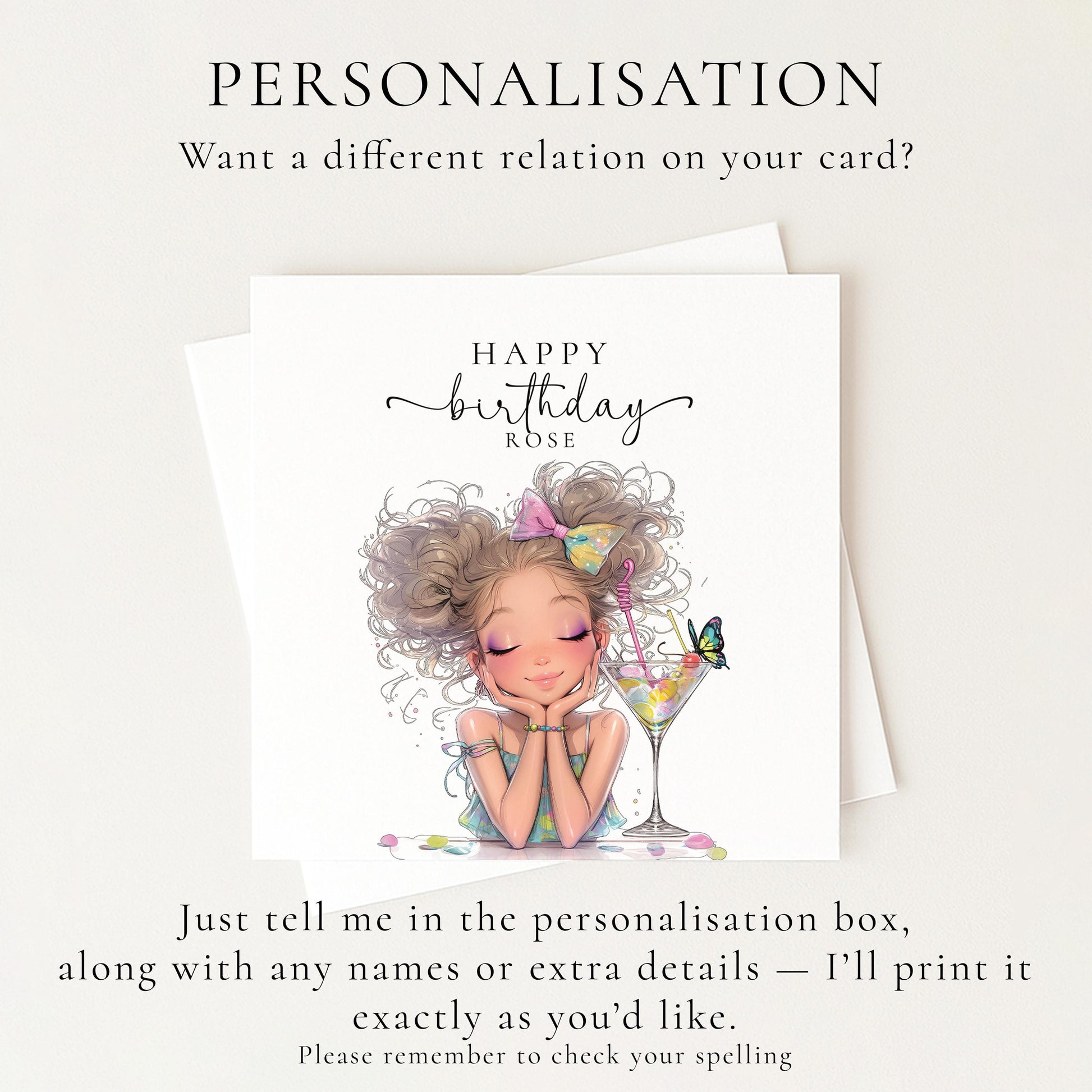 Personalised Birthday Card for Her, Cute Birthday Girl Card, Pretty Cocktail Birthday Card