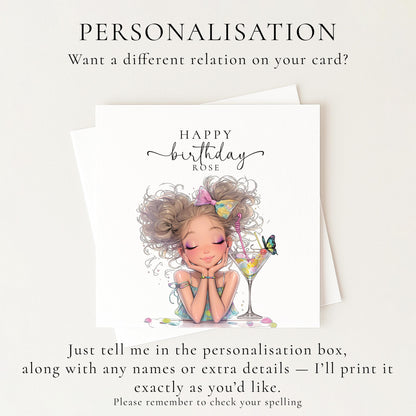 Personalised Birthday Card for Her, Cute Birthday Girl Card, Pretty Cocktail Birthday Card