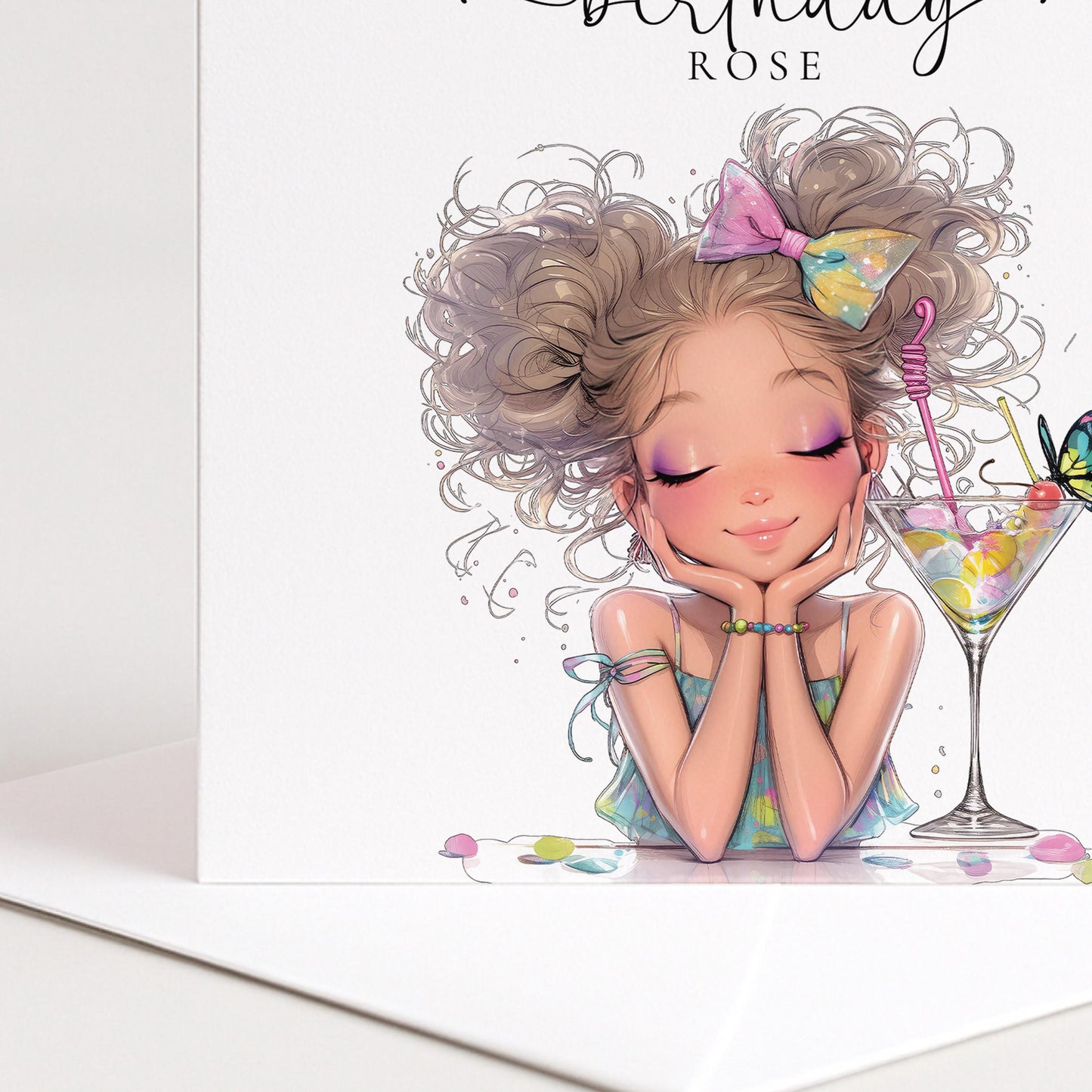 Personalised Birthday Card for Her, Cute Birthday Girl Card, Pretty Cocktail Birthday Card