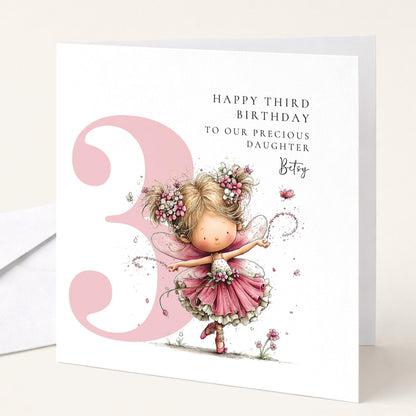 Personalised 3rd Birthday Card for Girl, Fairy Birthday Daughter Card, Blonde Baby Girl Age 3 Card, Custom Name Third Birthday Keepsake
