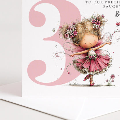Personalised 3rd Birthday Card for Girl, Fairy Birthday Daughter Card, Blonde Baby Girl Age 3 Card, Custom Name Third Birthday Keepsake