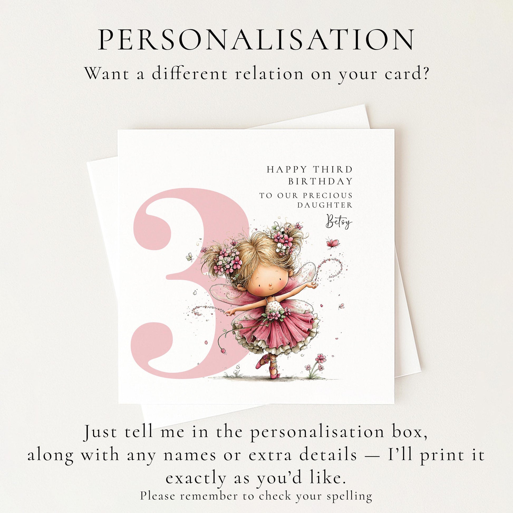 Personalised 3rd Birthday Card for Girl, Fairy Birthday Daughter Card, Blonde Baby Girl Age 3 Card, Custom Name Third Birthday Keepsake