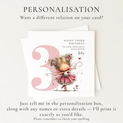 Personalised 3rd Birthday Card for Girl, Fairy Birthday Daughter Card, Blonde Baby Girl Age 3 Card, Custom Name Third Birthday Keepsake