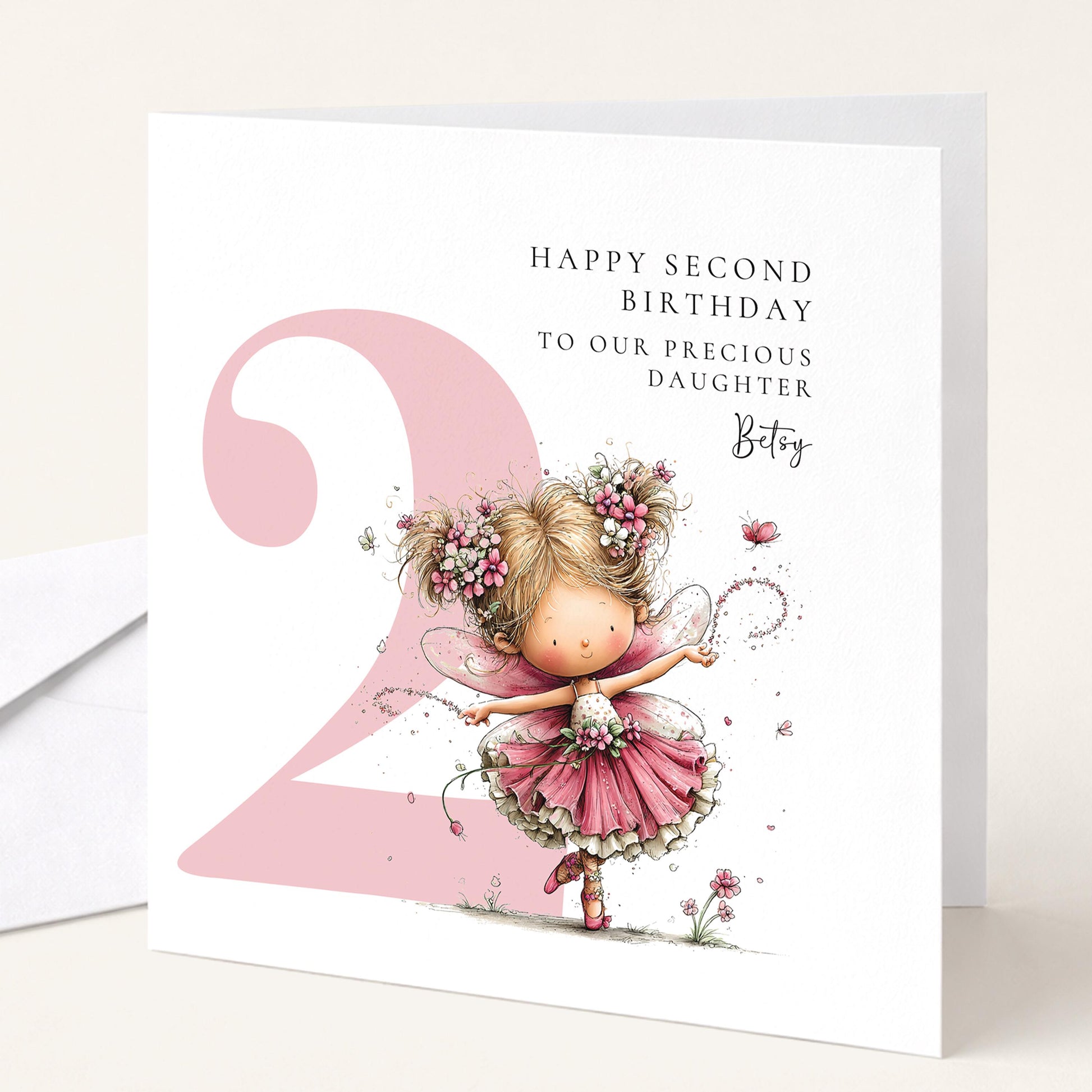 Personalised 2nd Birthday Card for Girl, Fairy Birthday Daughter Card, Blonde Baby Girl Age 2 Card, Custom Name Second Birthday Keepsake