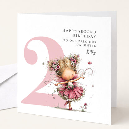 Personalised 2nd Birthday Card for Girl, Fairy Birthday Daughter Card, Blonde Baby Girl Age 2 Card, Custom Name Second Birthday Keepsake