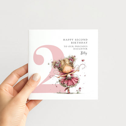 Personalised 2nd Birthday Card for Girl, Fairy Birthday Daughter Card, Blonde Baby Girl Age 2 Card, Custom Name Second Birthday Keepsake