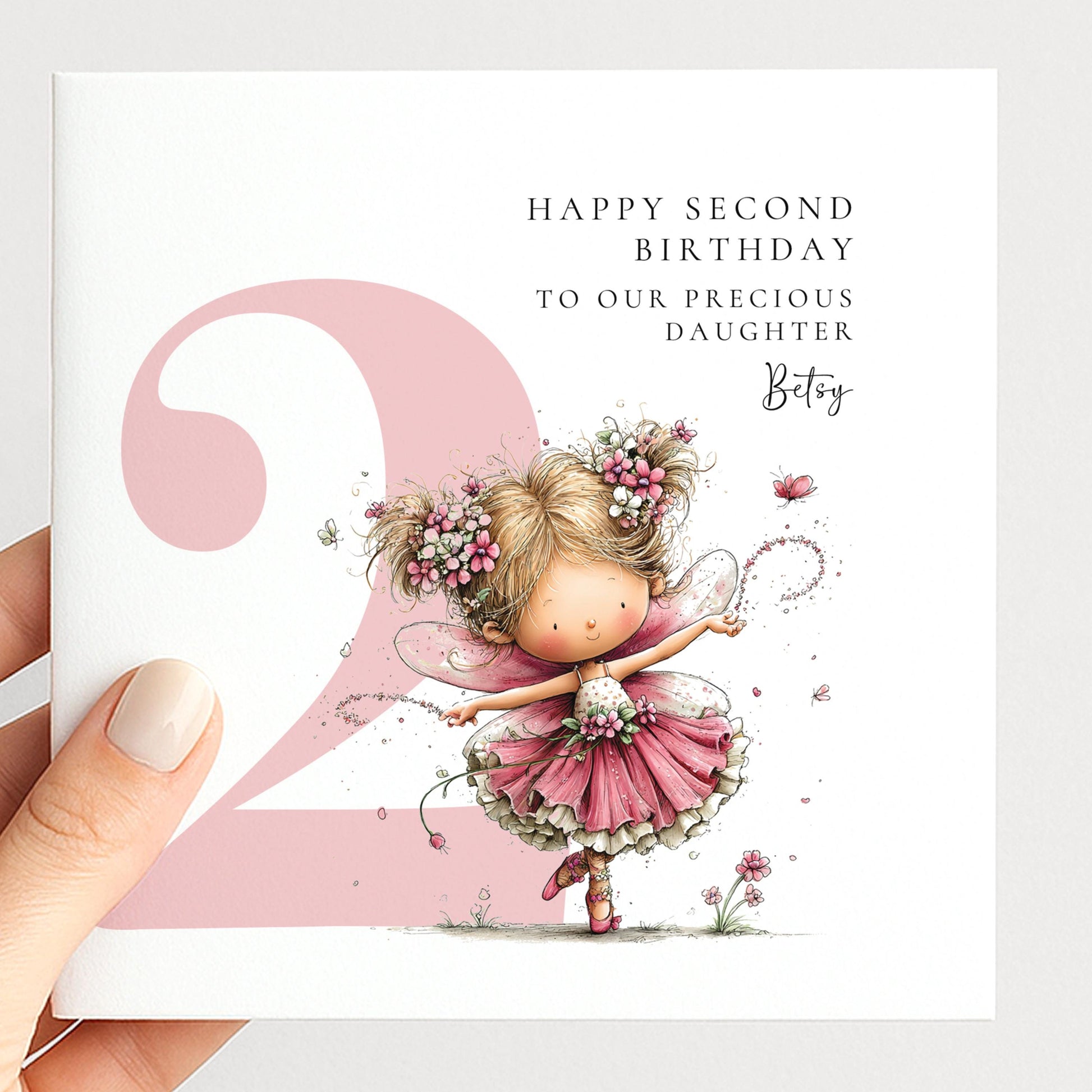 Personalised 2nd Birthday Card for Girl, Fairy Birthday Daughter Card, Blonde Baby Girl Age 2 Card, Custom Name Second Birthday Keepsake