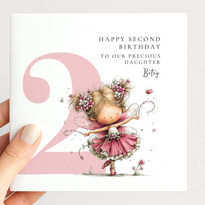 Personalised 2nd Birthday Card for Girl, Fairy Birthday Daughter Card, Blonde Baby Girl Age 2 Card, Custom Name Second Birthday Keepsake