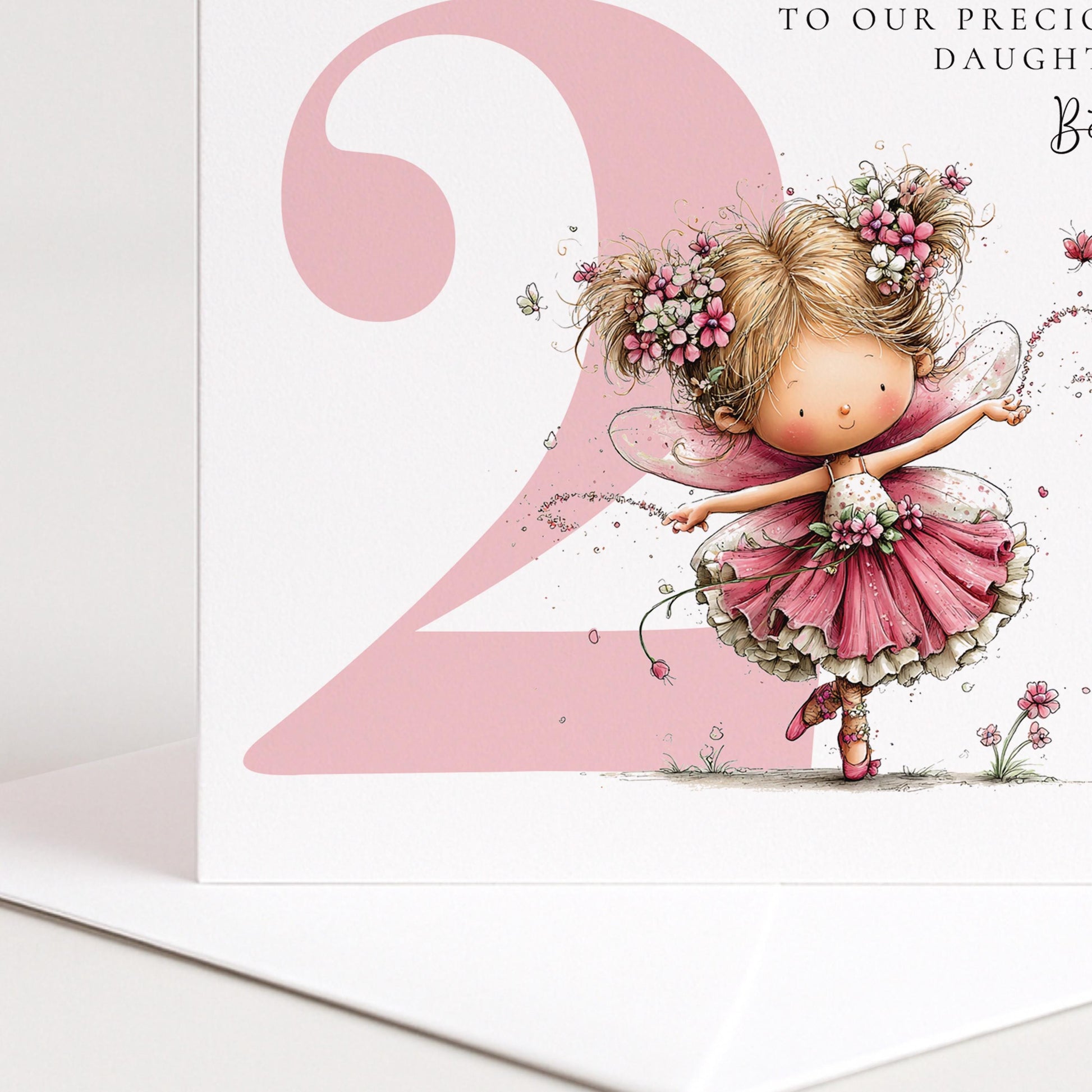Personalised 2nd Birthday Card for Girl, Fairy Birthday Daughter Card, Blonde Baby Girl Age 2 Card, Custom Name Second Birthday Keepsake