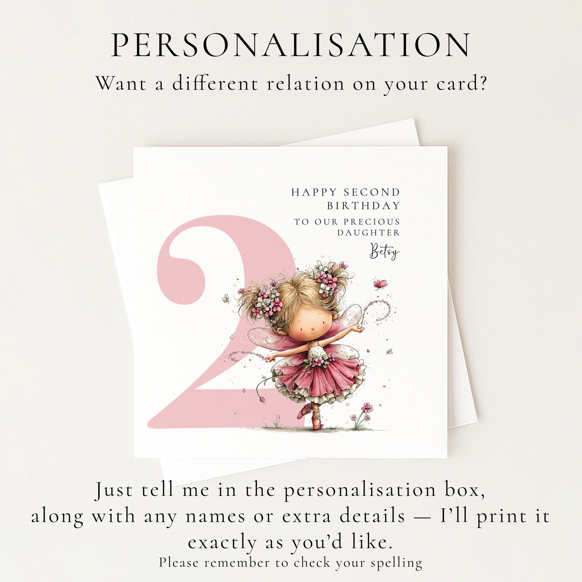 Personalised 2nd Birthday Card for Girl, Fairy Birthday Daughter Card, Blonde Baby Girl Age 2 Card, Custom Name Second Birthday Keepsake