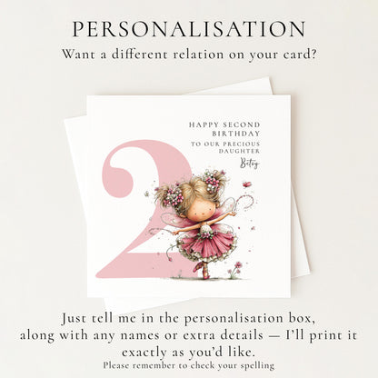 Personalised 2nd Birthday Card for Girl, Fairy Birthday Daughter Card, Blonde Baby Girl Age 2 Card, Custom Name Second Birthday Keepsake