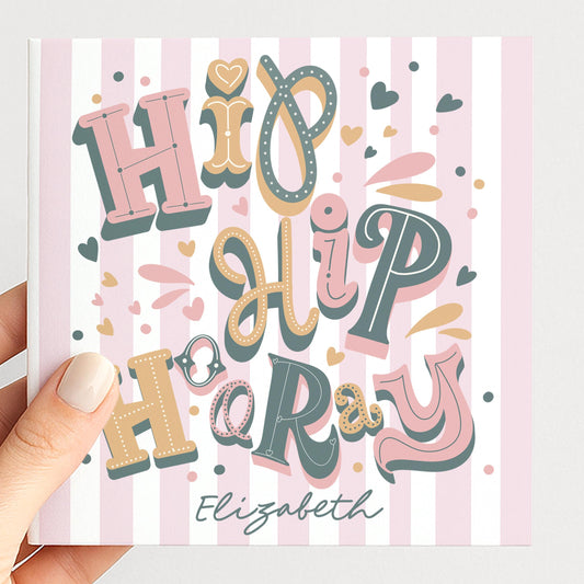 Personalised Hip Hip Hooray Birthday Card, Custom Name Birthday Card, Colourful Modern Birthday Card, Striped Background Design