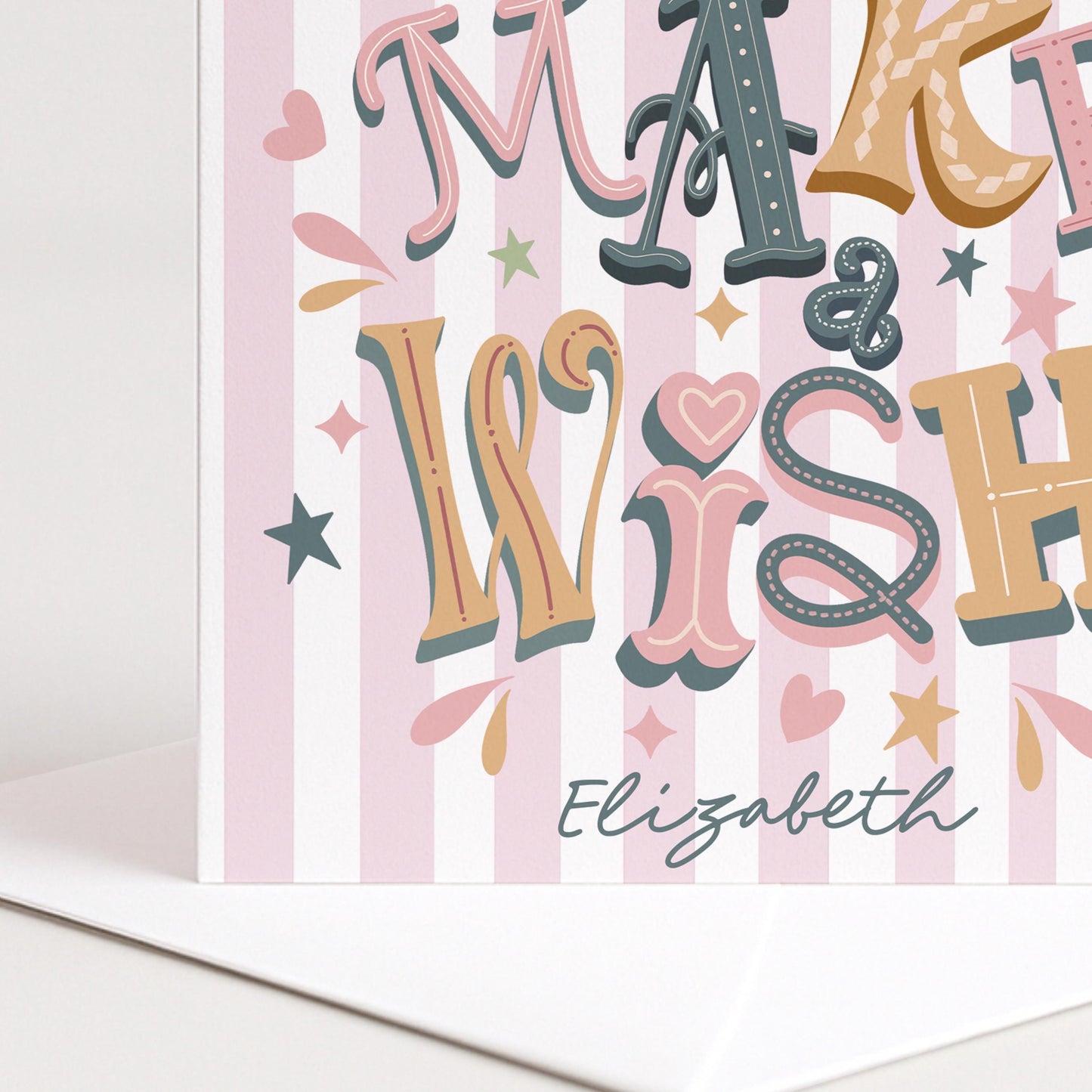 Personalised Make A Wish Birthday Card, Custom Name Birthday Card, Colourful Modern Birthday Card, Striped Background Design