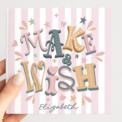 Personalised Make A Wish Birthday Card, Custom Name Birthday Card, Colourful Modern Birthday Card, Striped Background Design