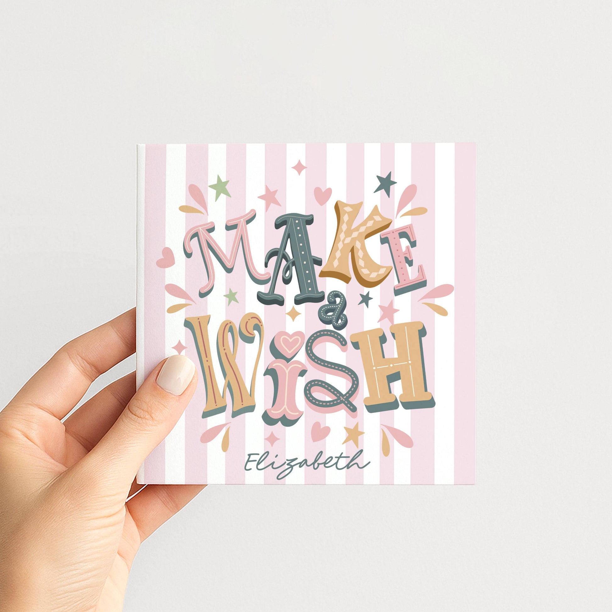 Personalised Make A Wish Birthday Card, Custom Name Birthday Card, Colourful Modern Birthday Card, Striped Background Design