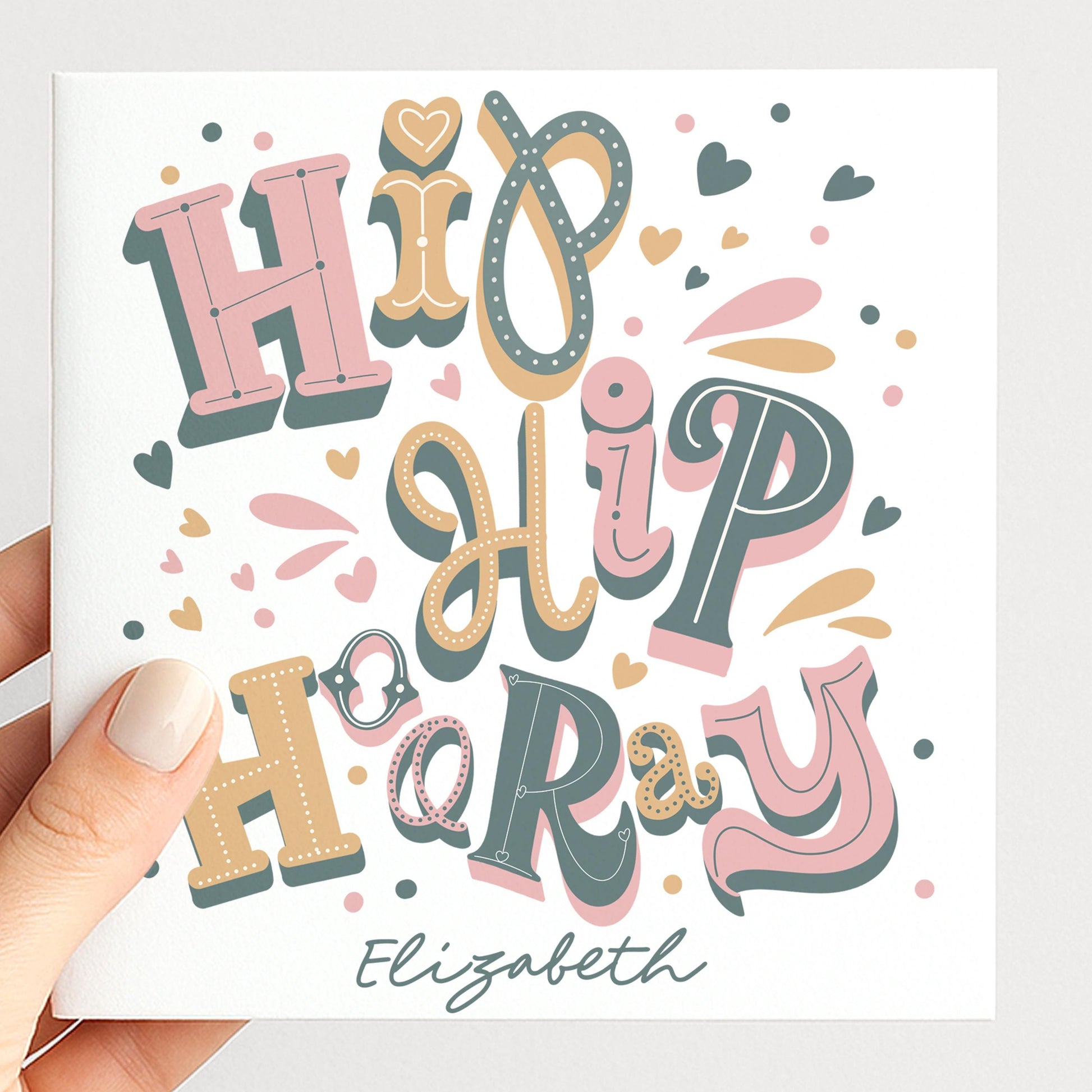Personalised Hip Hip Hooray Birthday Card, Custom Name Birthday Card, Colourful Modern Typography Card, Fun Birthday Card For Her